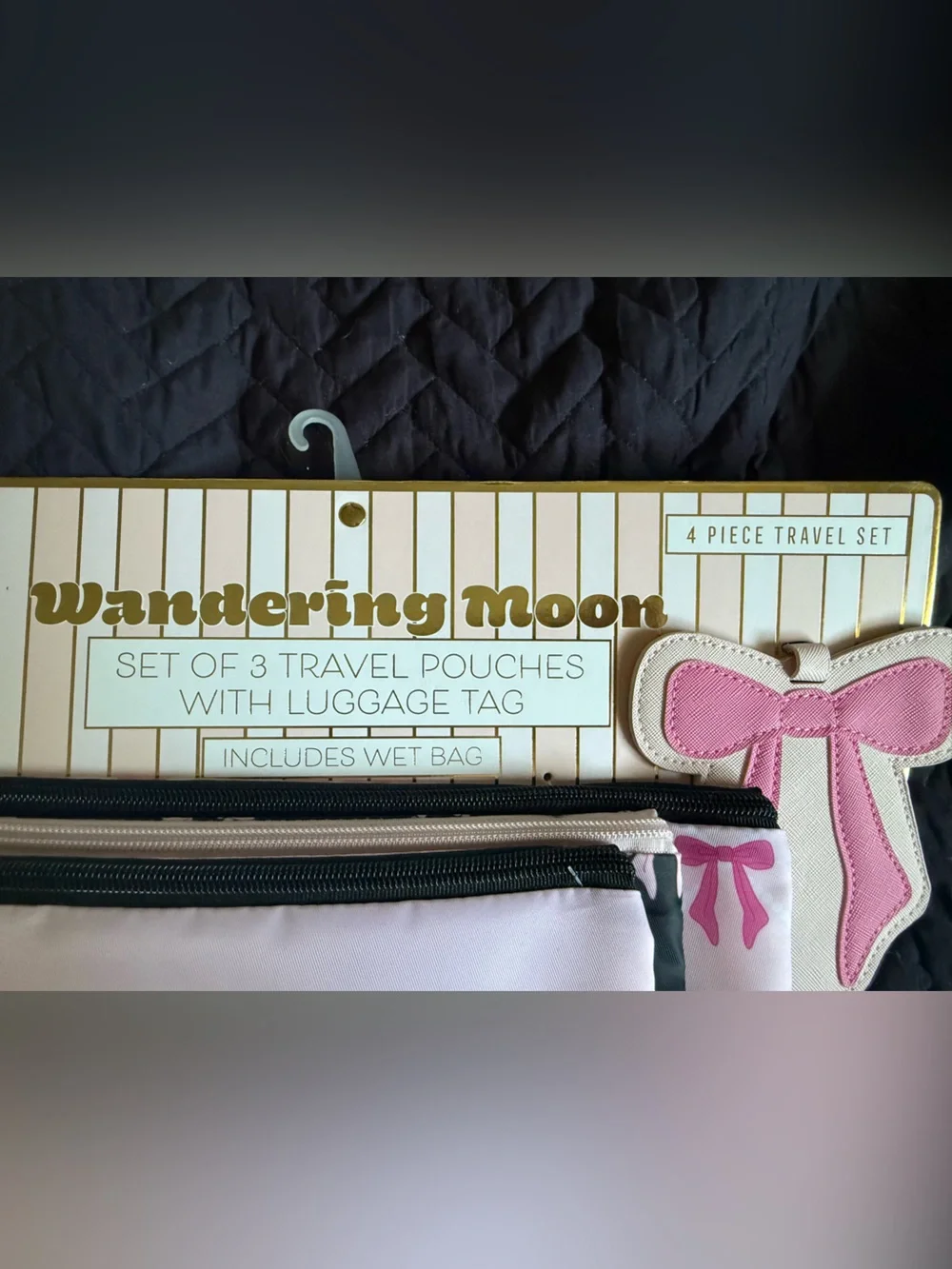 NWT Wandering Moon Coquette Pink Bow 4-Piece Travel Pouch Set & Luggage Tag